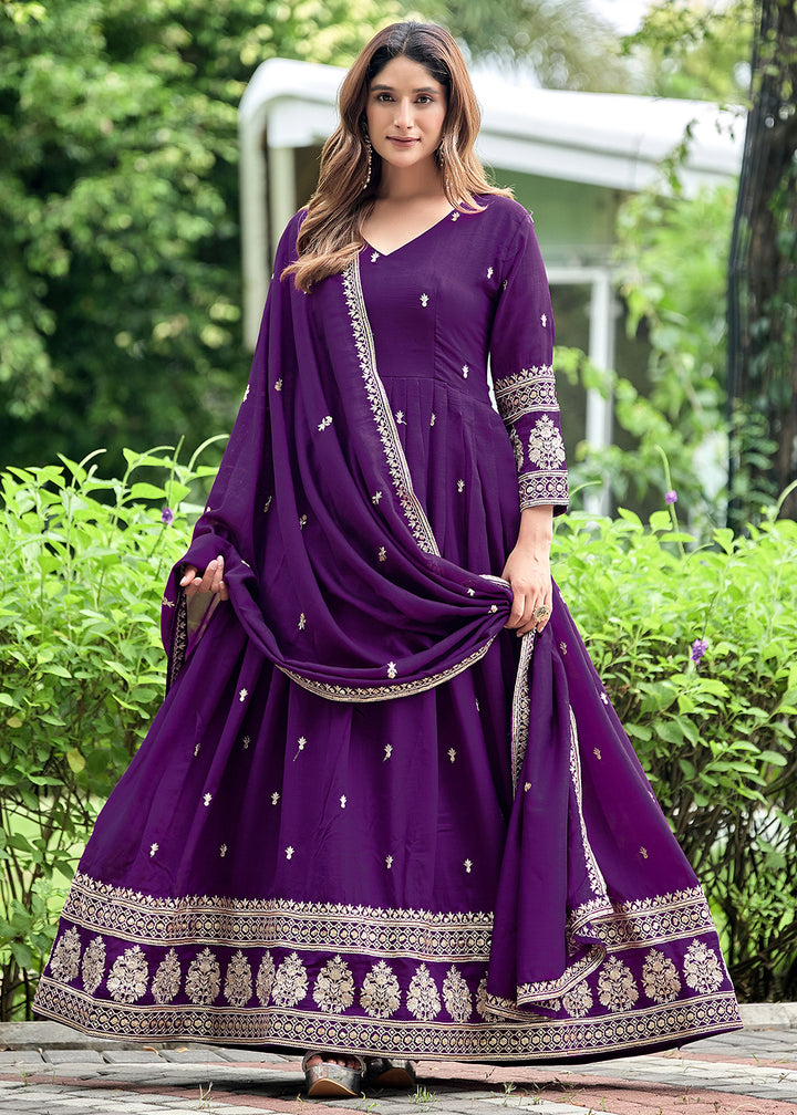Buy Now Purple Art Silk Pretty Embroidered Work Festive Anarkali Gown Online in US, UK, Canada, France, Italy, Sweden, Ireland, Denmark &amp; Worldwide at Empress.