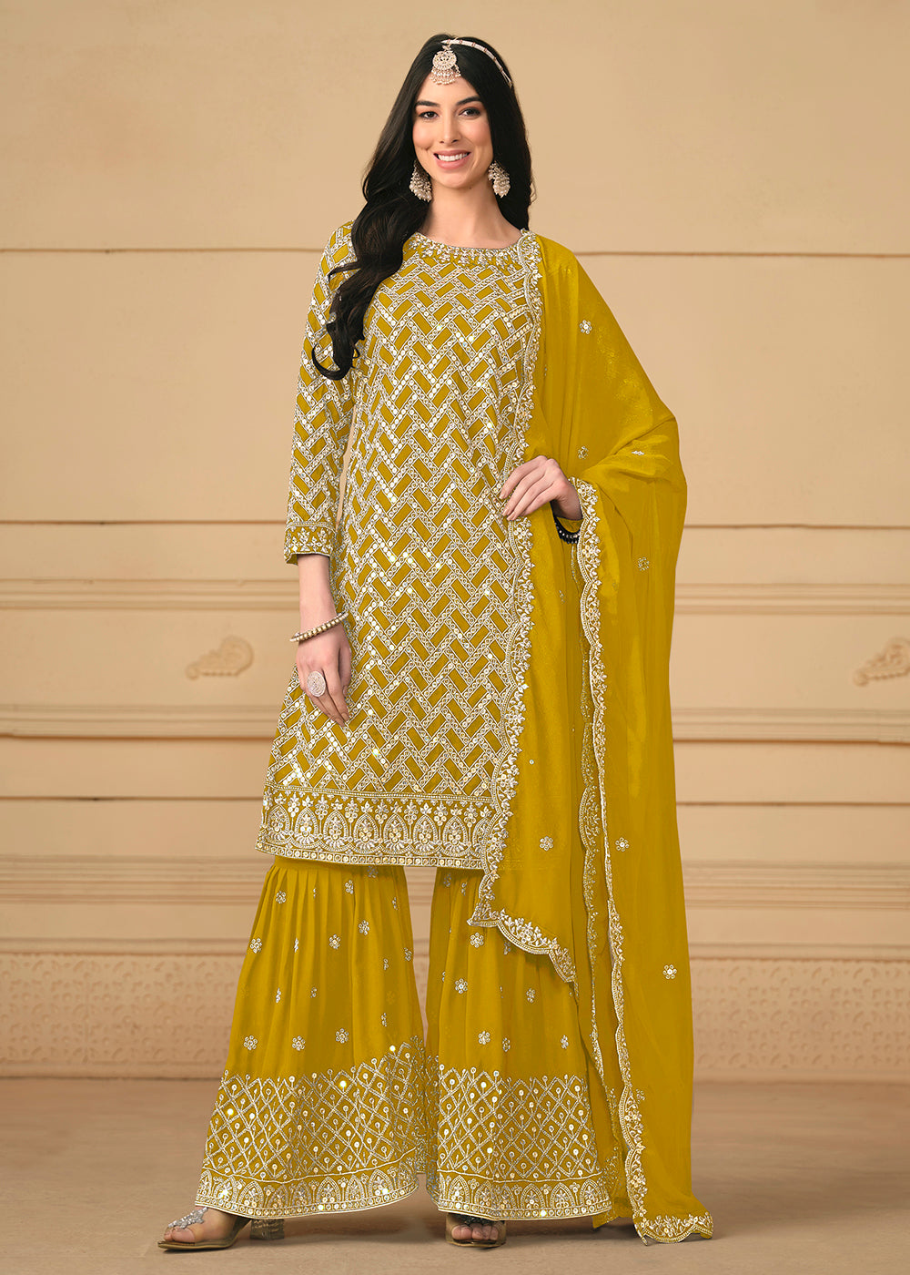 Shop Now Georgette Mustard Embroidered Gharara Style Suit Online at Empress Clothing in USA, UK, Canada, Italy & Worldwide. 