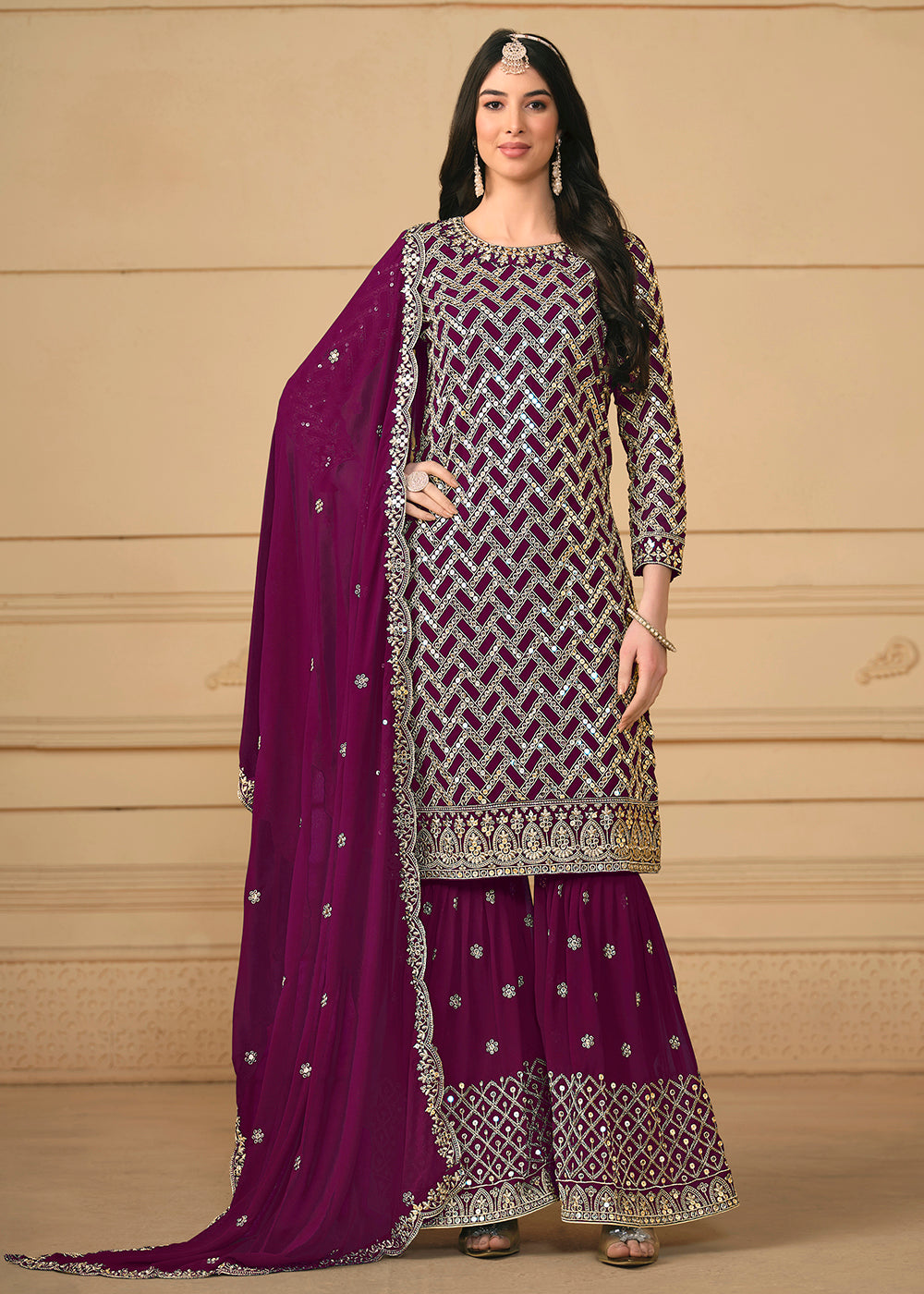 Shop Now Georgette Purple Embroidered Gharara Style Suit Online at Empress Clothing in USA, UK, Canada, Italy & Worldwide. 