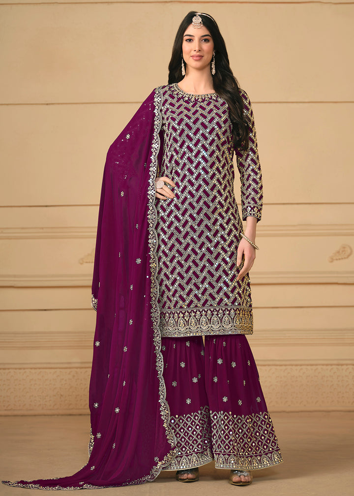 Shop Now Georgette Purple Embroidered Gharara Style Suit Online at Empress Clothing in USA, UK, Canada, Italy & Worldwide. 