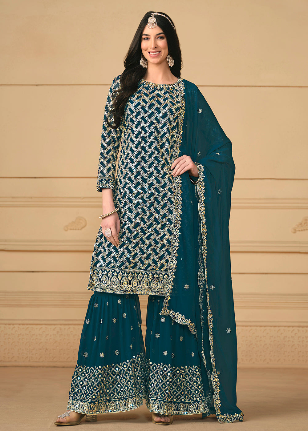 Shop Now Georgette Peacock Blue Embroidered Gharara Style Suit Online at Empress Clothing in USA, UK, Canada, Italy & Worldwide.