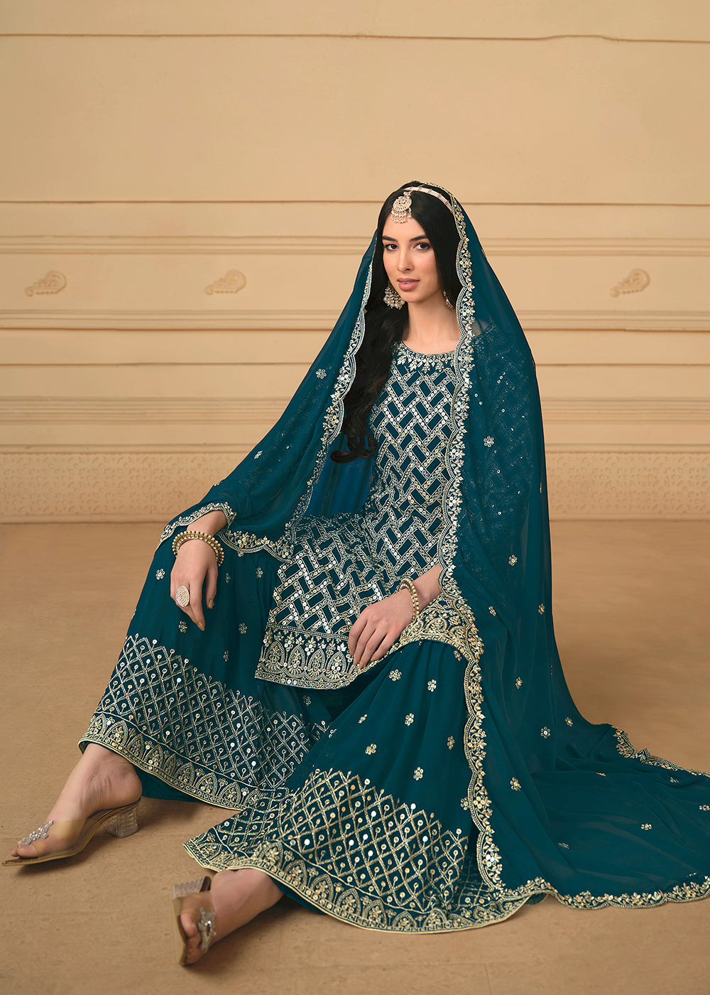 Shop Now Georgette Peacock Blue Embroidered Gharara Style Suit Online at Empress Clothing in USA, UK, Canada, Italy & Worldwide.