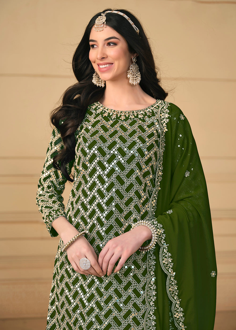 Shop Now Georgette Green Embroidered Gharara Style Suit Online at Empress Clothing in USA, UK, Canada, Italy & Worldwide.