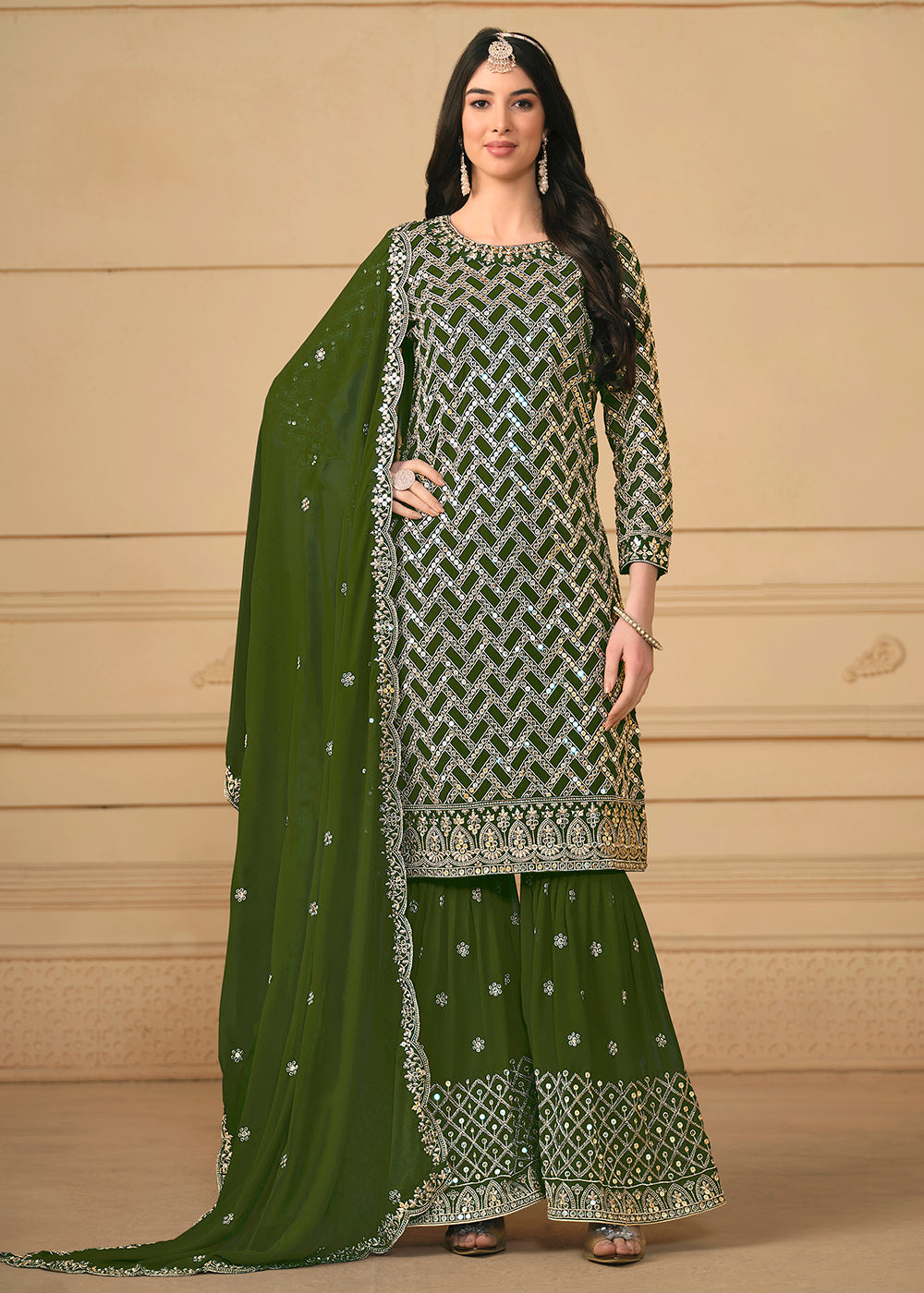Shop Now Georgette Green Embroidered Gharara Style Suit Online at Empress Clothing in USA, UK, Canada, Italy & Worldwide.