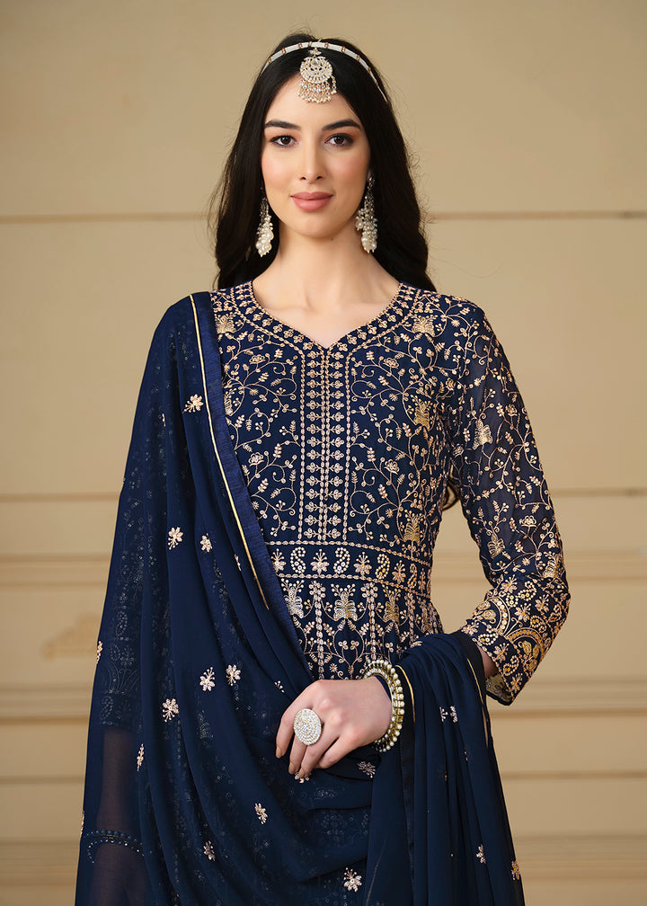 Buy Now Navy Blue Embroidered Trendy Style Anarkali Suit Online in USA, UK, Australia, New Zealand, Canada & Worldwide at Empress Clothing.