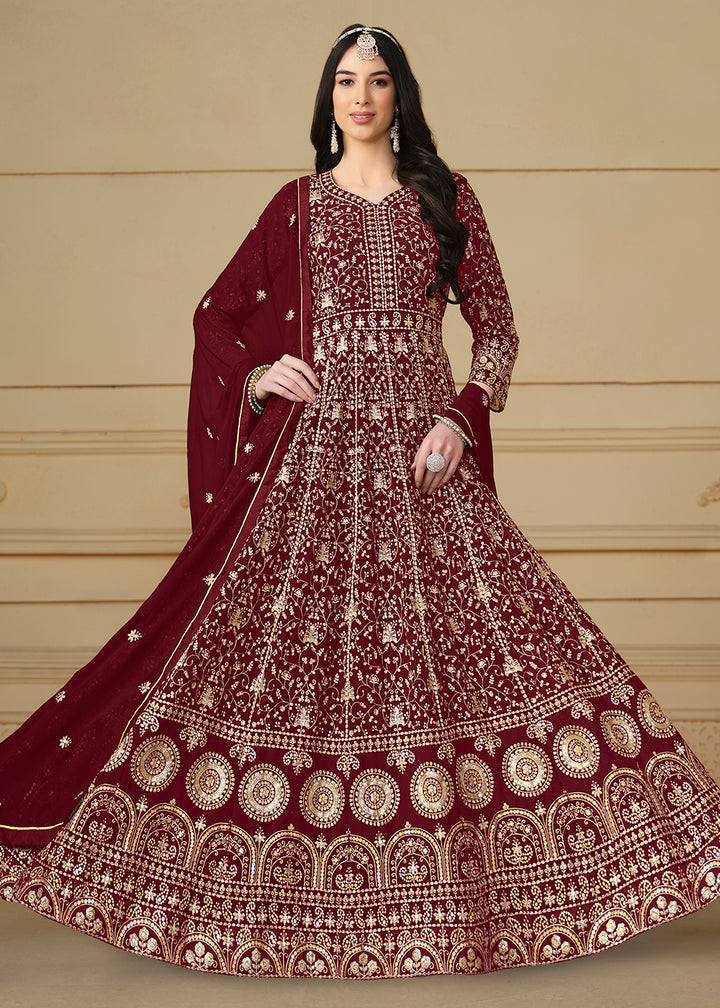 Buy Now Maroon Embroidered Trendy Style Anarkali Suit Online in USA, UK, Australia, New Zealand, Canada & Worldwide at Empress Clothing. 