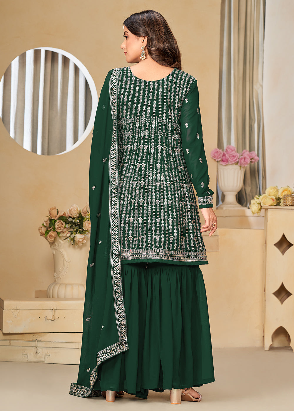 Shop Now Faux Georgette Green Embroidered Gharara Style Suit Online at Empress Clothing in USA, UK, Canada, Italy & Worldwide. 