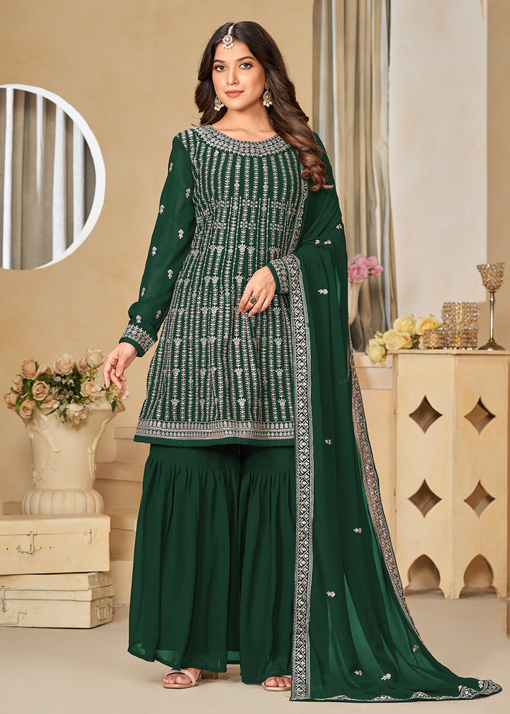 Shop Now Faux Georgette Green Embroidered Gharara Style Suit Online at Empress Clothing in USA, UK, Canada, Italy & Worldwide. 