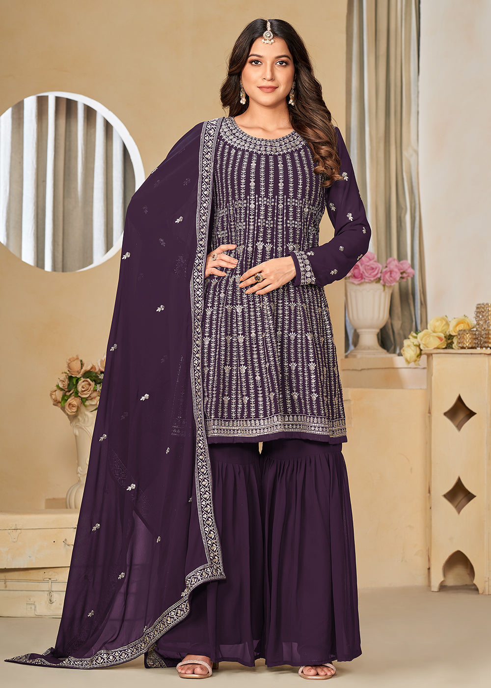 Shop Now Faux Georgette Purple Embroidered Gharara Style Suit Online at Empress Clothing in USA, UK, Canada, Italy & Worldwide. 
