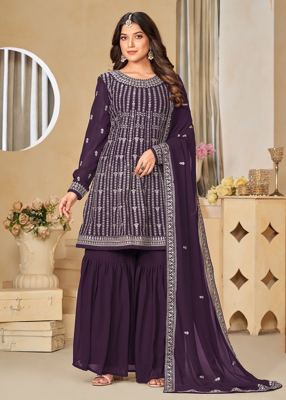 Shop Now Faux Georgette Purple Embroidered Gharara Style Suit Online at Empress Clothing in USA, UK, Canada, Italy & Worldwide. 