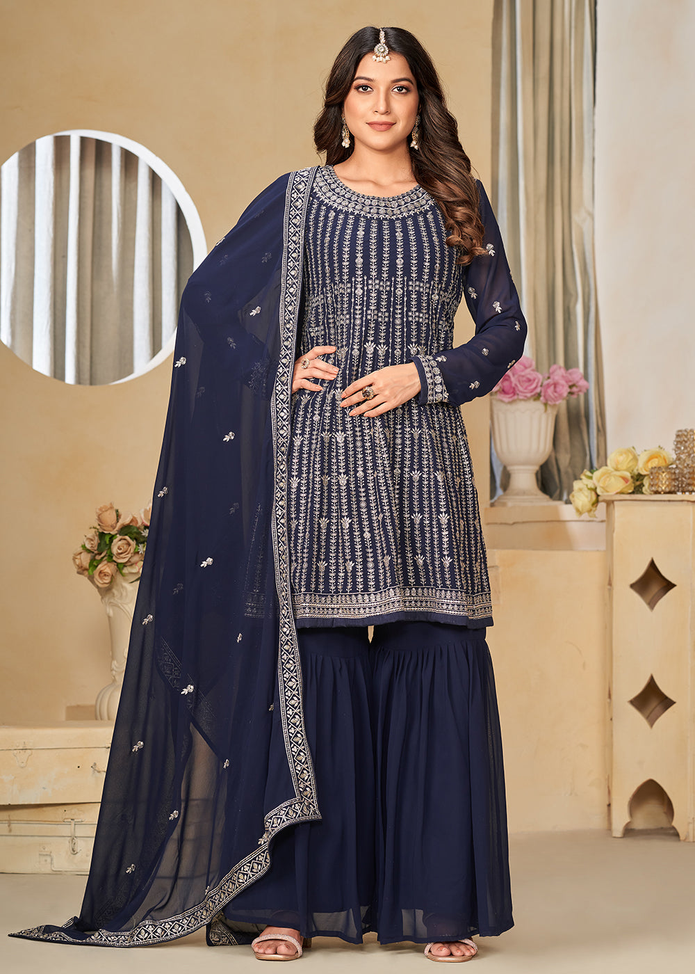 Shop Now Faux Georgette Blue Embroidered Gharara Style Suit Online at Empress Clothing in USA, UK, Canada, Italy & Worldwide.