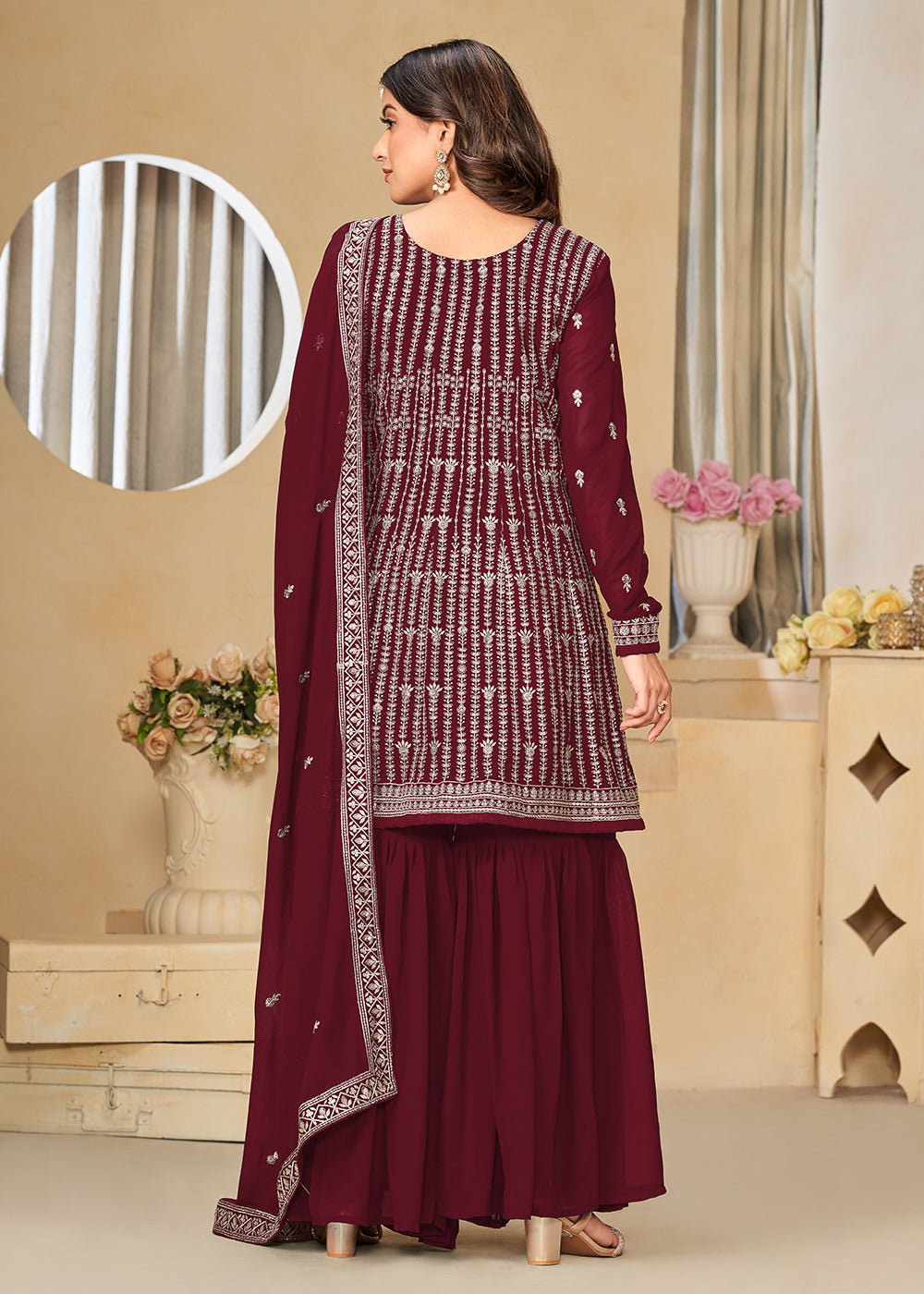 Shop Now Faux Georgette Maroon Embroidered Gharara Style Suit Online at Empress Clothing in USA, UK, Canada, Italy & Worldwide.