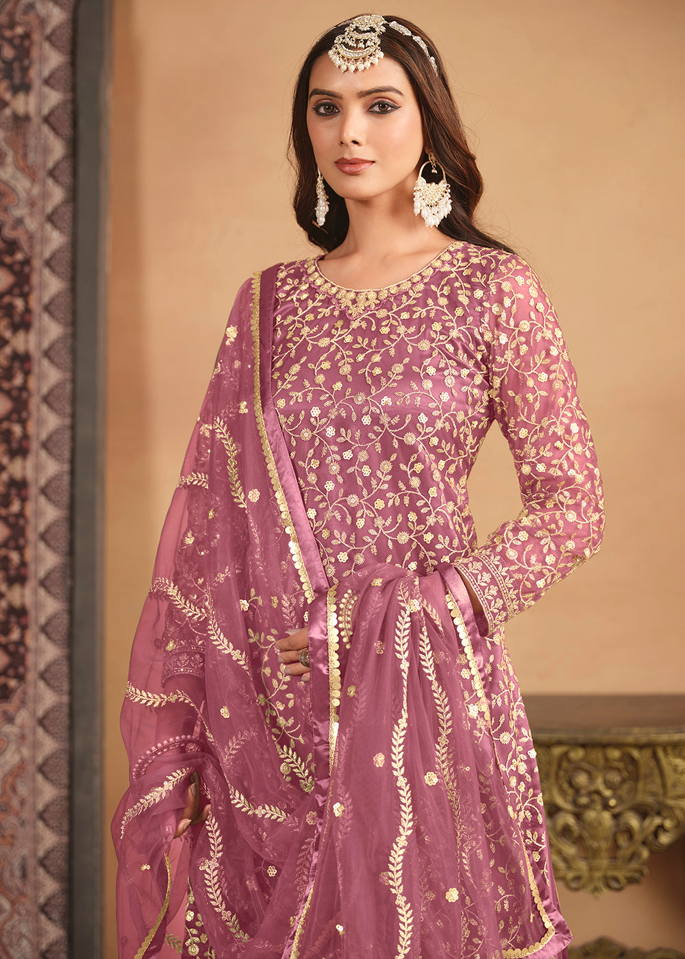Shop Now Net Onion Pink Embroidered Gharara Style Suit Online at Empress Clothing in USA, UK, Canada, Italy & Worldwide. 