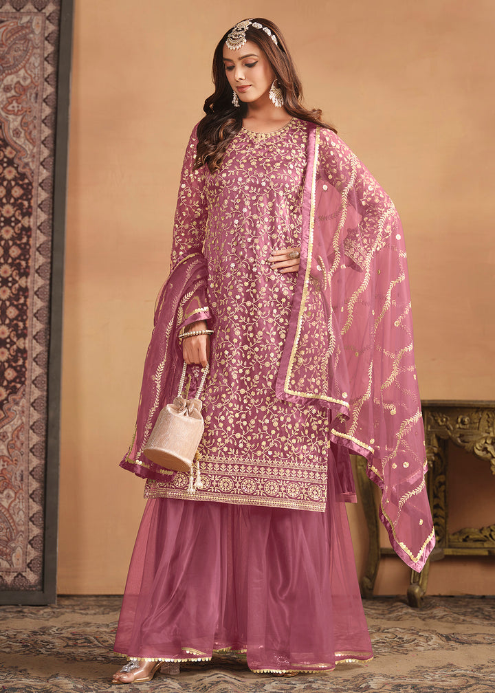 Shop Now Net Onion Pink Embroidered Gharara Style Suit Online at Empress Clothing in USA, UK, Canada, Italy & Worldwide. 