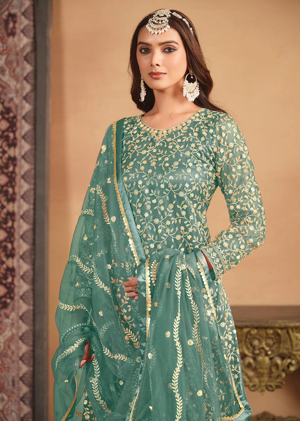 Shop Now Net Mint Green Embroidered Gharara Style Suit Online at Empress Clothing in USA, UK, Canada, Italy & Worldwide. 