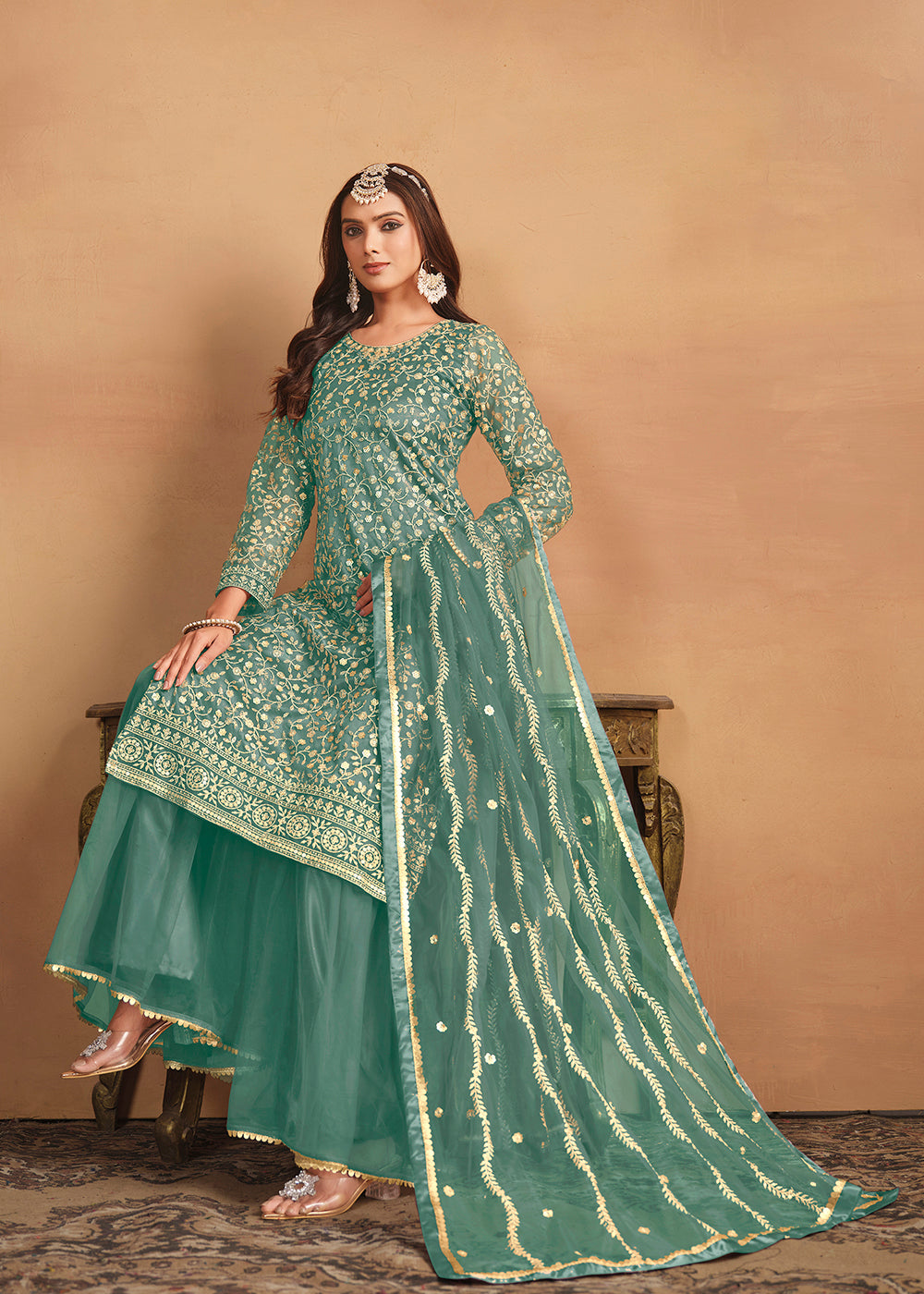 Shop Now Net Mint Green Embroidered Gharara Style Suit Online at Empress Clothing in USA, UK, Canada, Italy & Worldwide. 