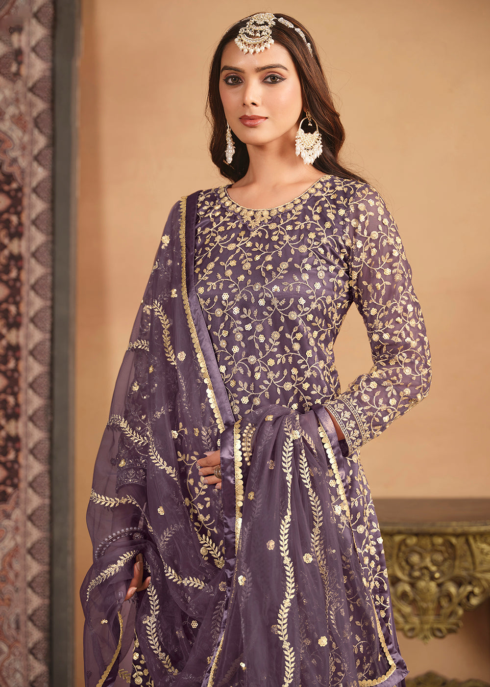 Shop Now Net Dusty Purple Embroidered Gharara Style Suit Online at Empress Clothing in USA, UK, Canada, Italy & Worldwide.