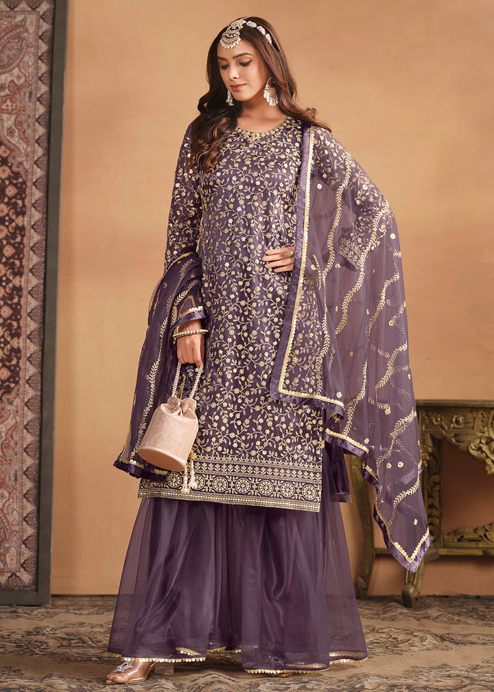 Shop Now Net Dusty Purple Embroidered Gharara Style Suit Online at Empress Clothing in USA, UK, Canada, Italy & Worldwide.