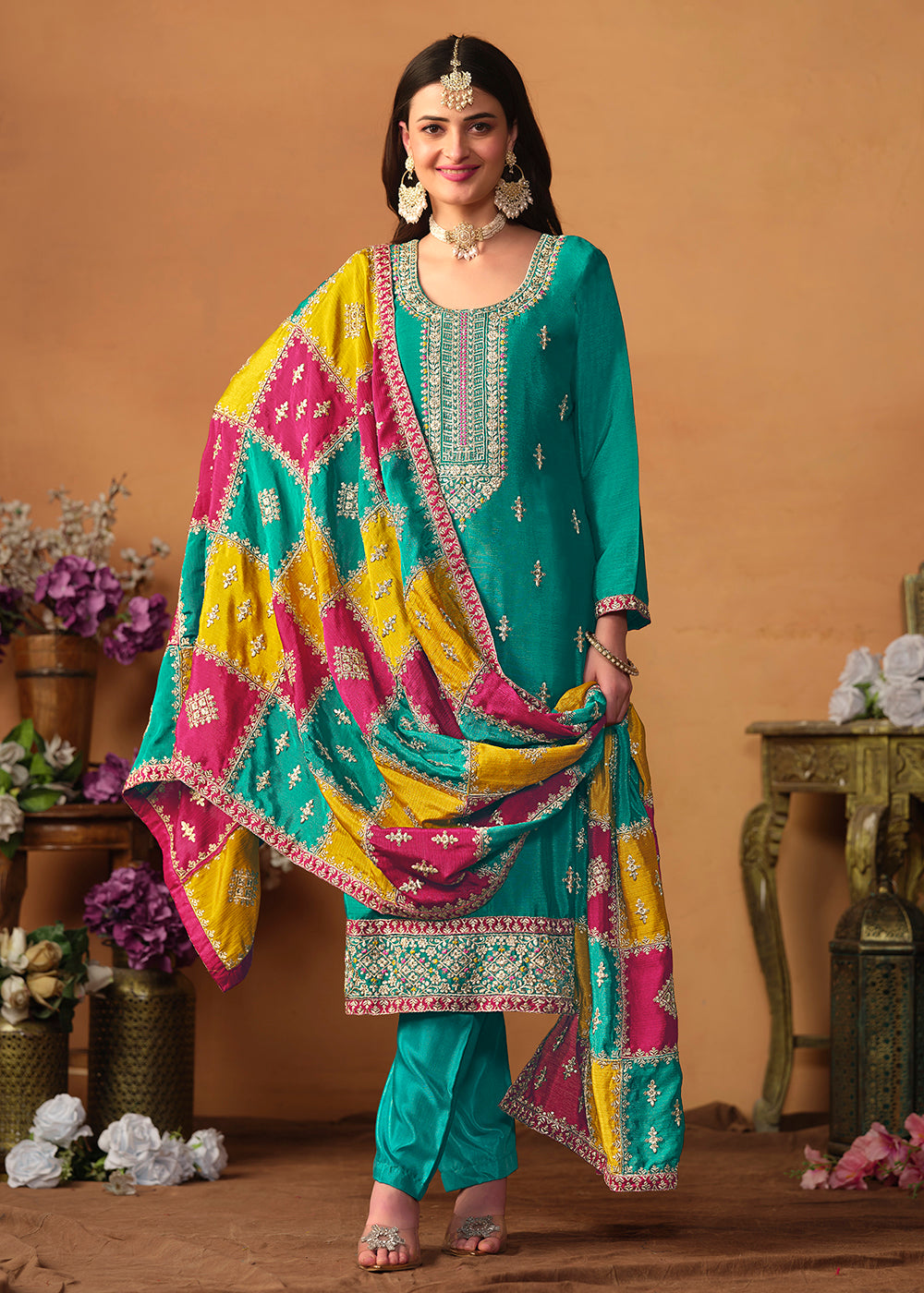 Buy Now Turquoise Chinnon Silk Salwar Suit with Multicolor Dupatta Online in USA, UK, Canada, Germany, Australia & Worldwide at Empress Clothing. 