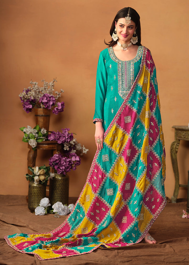 Buy Now Turquoise Chinnon Silk Salwar Suit with Multicolor Dupatta Online in USA, UK, Canada, Germany, Australia & Worldwide at Empress Clothing. 