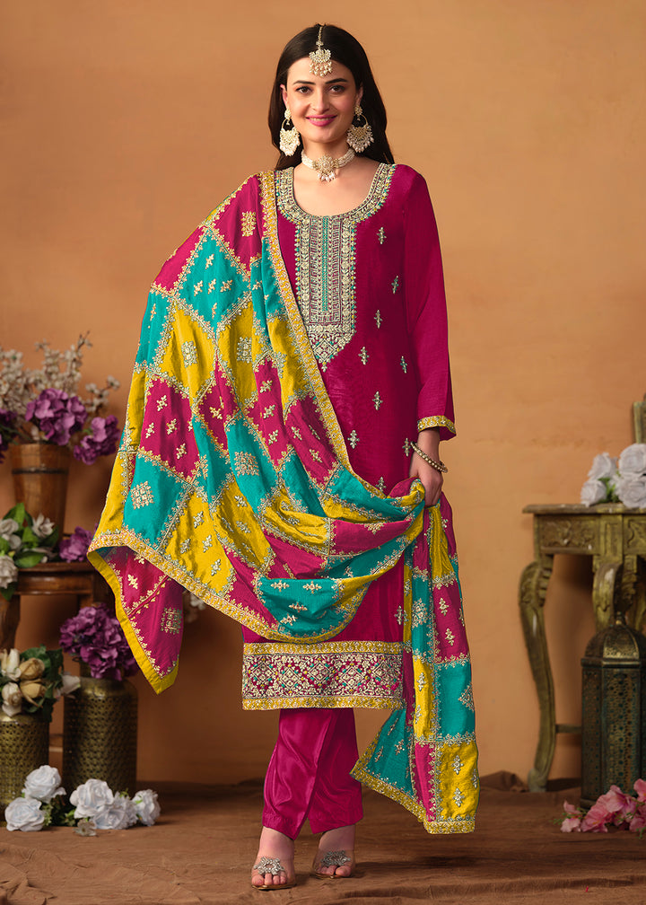 Buy Now Pink Chinnon Silk Salwar Suit with Multicolor Dupatta Online in USA, UK, Canada, Germany, Australia & Worldwide at Empress Clothing.