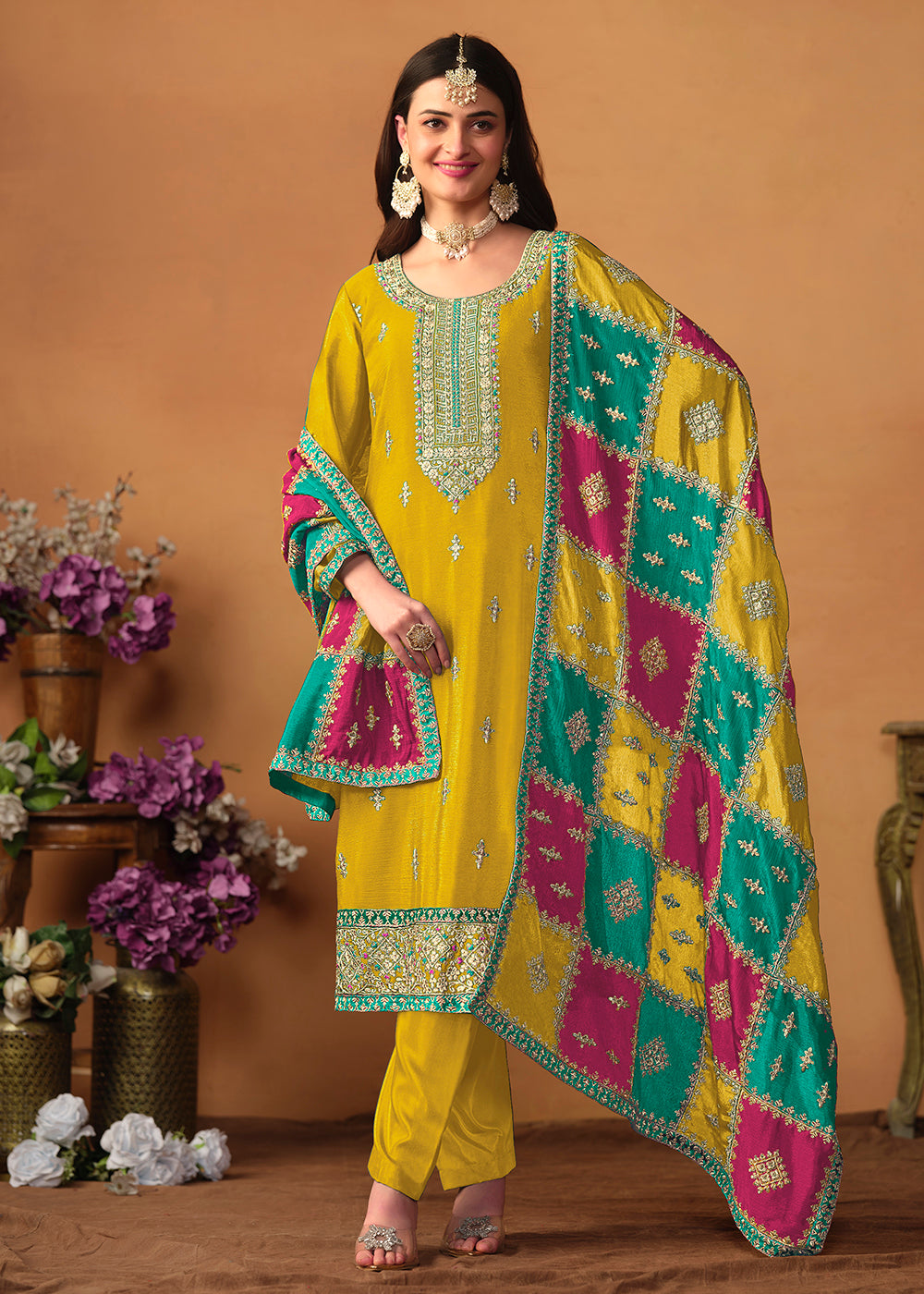 Buy Now Yellow Chinnon Silk Salwar Suit with Multicolor Dupatta Online in USA, UK, Canada, Germany, Australia & Worldwide at Empress Clothing.