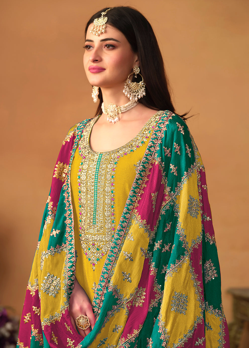 Buy Now Yellow Chinnon Silk Salwar Suit with Multicolor Dupatta Online in USA, UK, Canada, Germany, Australia & Worldwide at Empress Clothing.