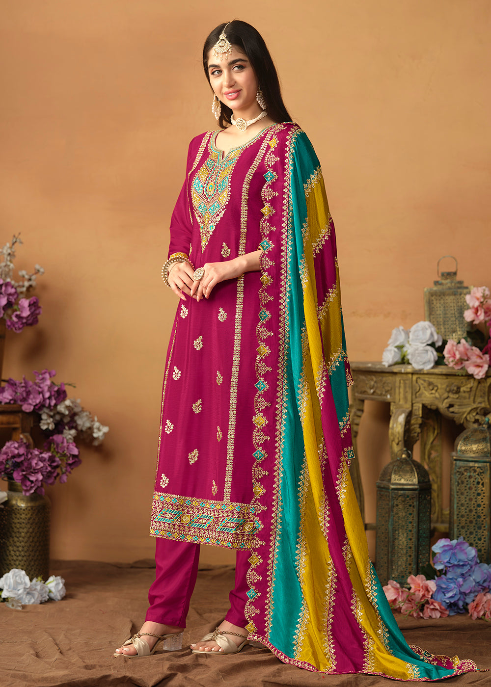 Buy Now Chinnon Silk Pink Salwar Suit with Multicolor Dupatta Online in USA, UK, Canada, Germany, Australia & Worldwide at Empress Clothing. 