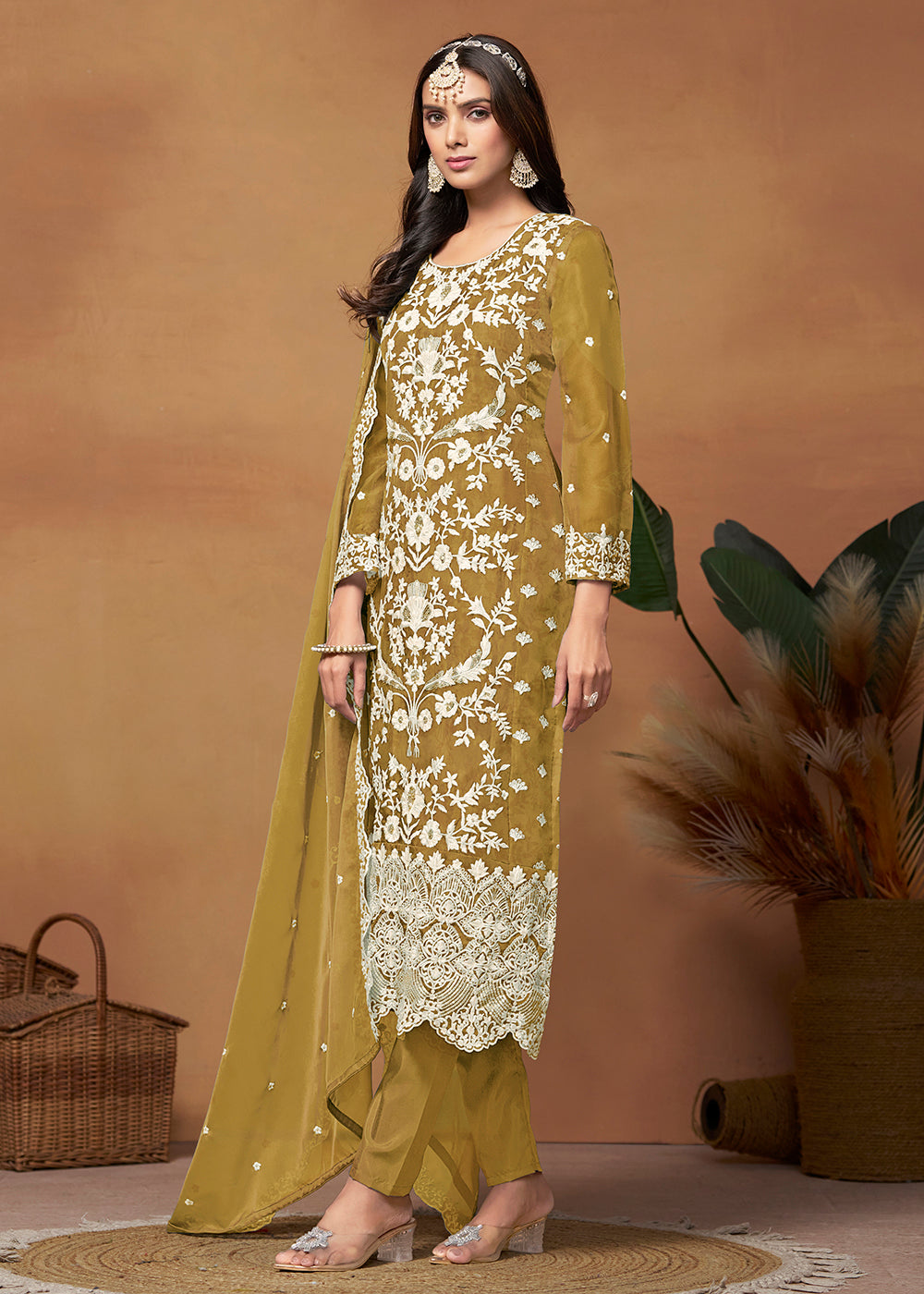 Buy Now Amazing Mustard Organza Embroidered Designer Salwar Suit Online in USA, UK, Canada, Germany, Australia & Worldwide at Empress Clothing. 
