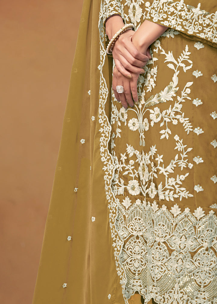 Buy Now Amazing Mustard Organza Embroidered Designer Salwar Suit Online in USA, UK, Canada, Germany, Australia & Worldwide at Empress Clothing. 
