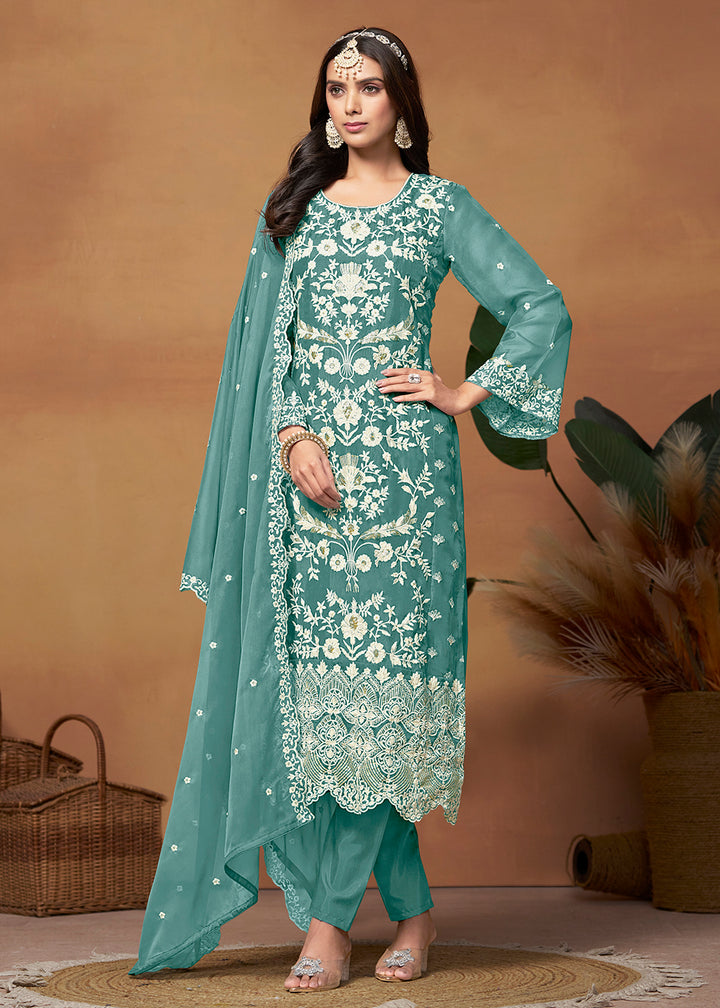 Buy Now Amazing Sea Green Organza Embroidered Designer Salwar Suit Online in USA, UK, Canada, Germany, Australia & Worldwide at Empress Clothing. 