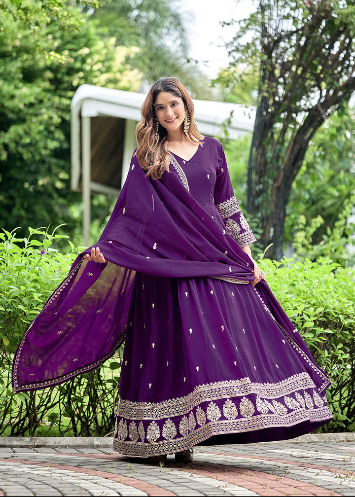 Buy Now Purple Art Silk Pretty Embroidered Work Festive Anarkali Gown Online in US, UK, Canada, France, Italy, Sweden, Ireland, Denmark &amp; Worldwide at Empress.