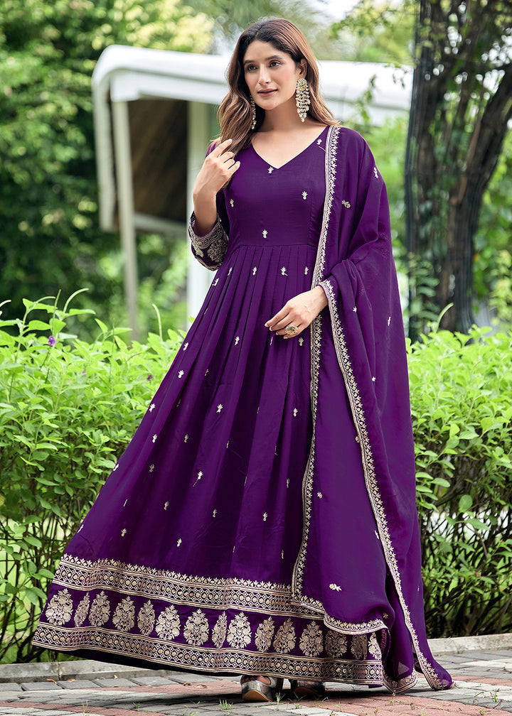 Buy Now Purple Art Silk Pretty Embroidered Work Festive Anarkali Gown Online in US, UK, Canada, France, Italy, Sweden, Ireland, Denmark &amp; Worldwide at Empress.