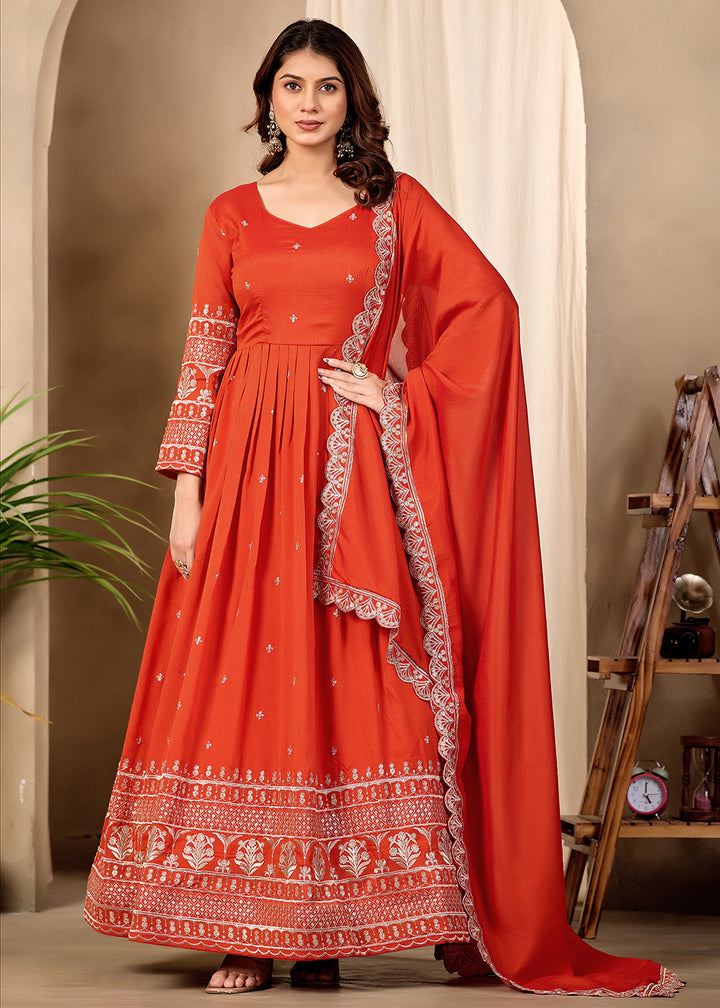 Buy Now Art Silk Orange Pretty Embroidered Work Festive Anarkali Gown Online in US, UK, Canada, France, Italy, Sweden, Ireland, Denmark &amp; Worldwide at Empress.