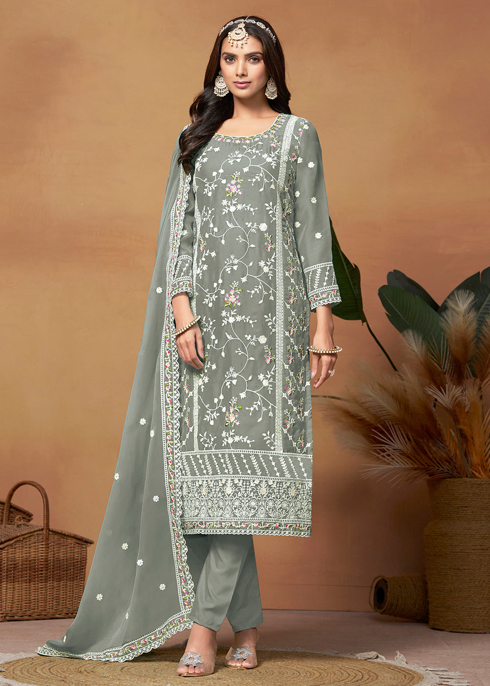 Buy Now Pakistani Style Moss Grey Embroidered Organza Salwar Suit Online in USA, UK, Canada, Germany, Australia & Worldwide at Empress Clothing. 