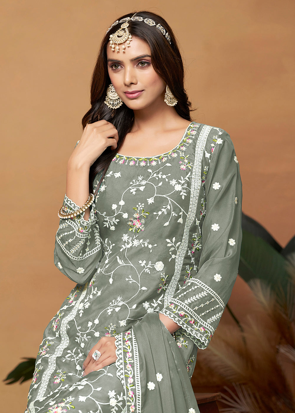 Buy Now Pakistani Style Moss Grey Embroidered Organza Salwar Suit Online in USA, UK, Canada, Germany, Australia & Worldwide at Empress Clothing. 