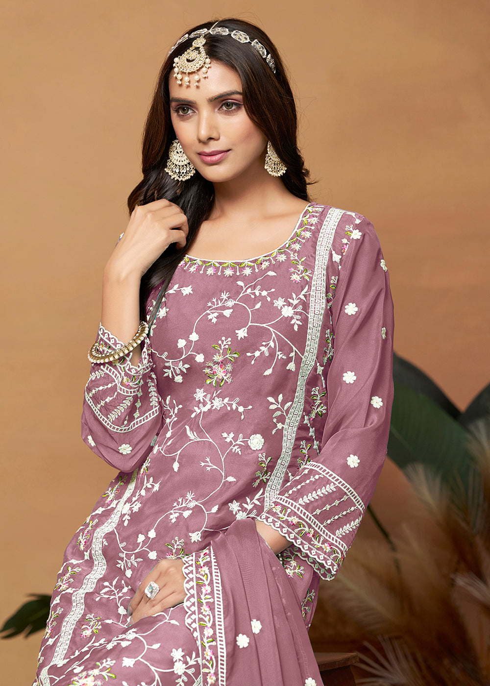 Buy Now Pakistani Style Mauve Pink Embroidered Organza Salwar Suit Online in USA, UK, Canada, Germany, Australia & Worldwide at Empress Clothing.