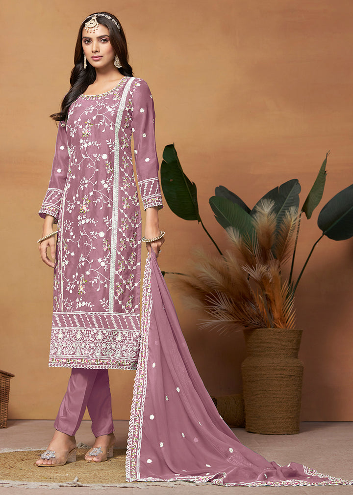 Buy Now Pakistani Style Mauve Pink Embroidered Organza Salwar Suit Online in USA, UK, Canada, Germany, Australia & Worldwide at Empress Clothing.