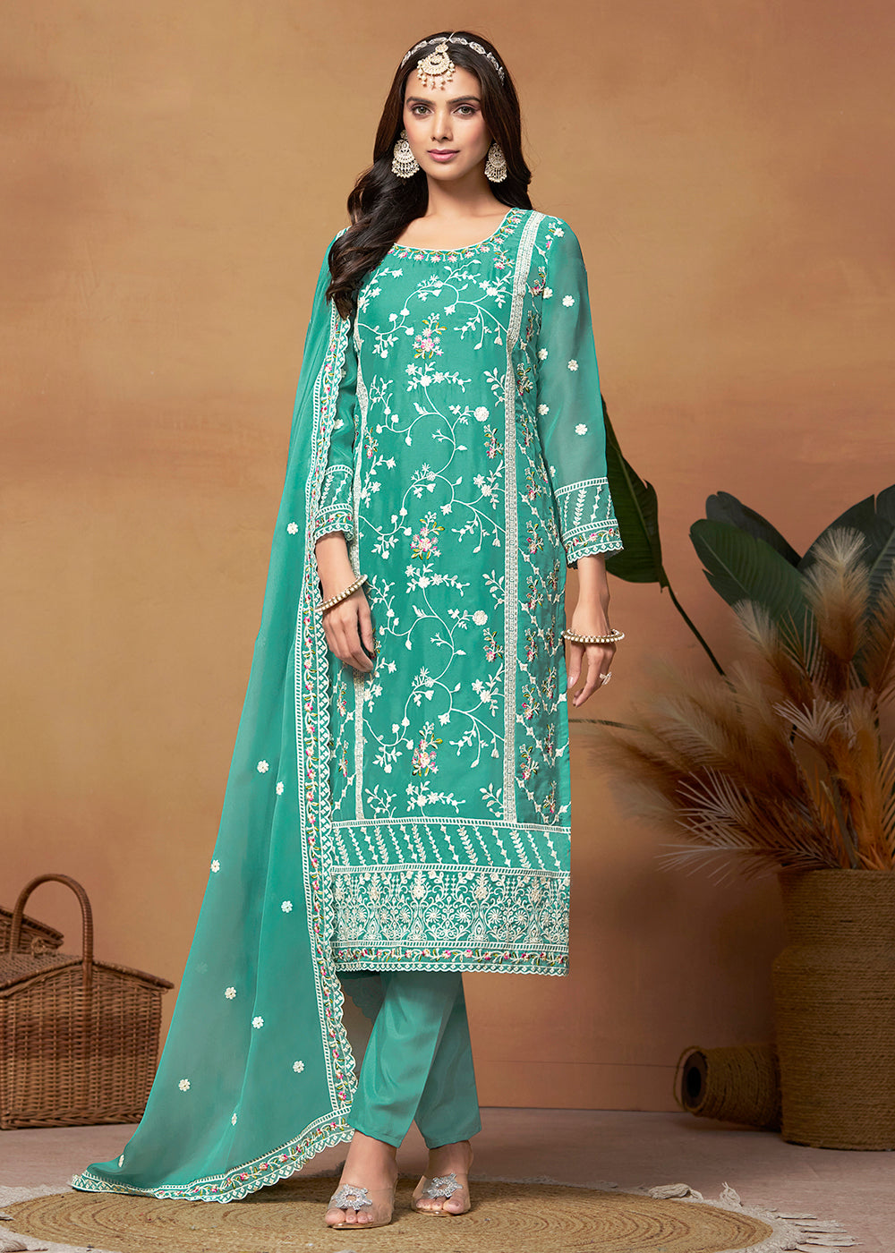 Buy Now Pakistani Style Turquoise Embroidered Organza Salwar Suit Online in USA, UK, Canada, Germany, Australia & Worldwide at Empress Clothing.