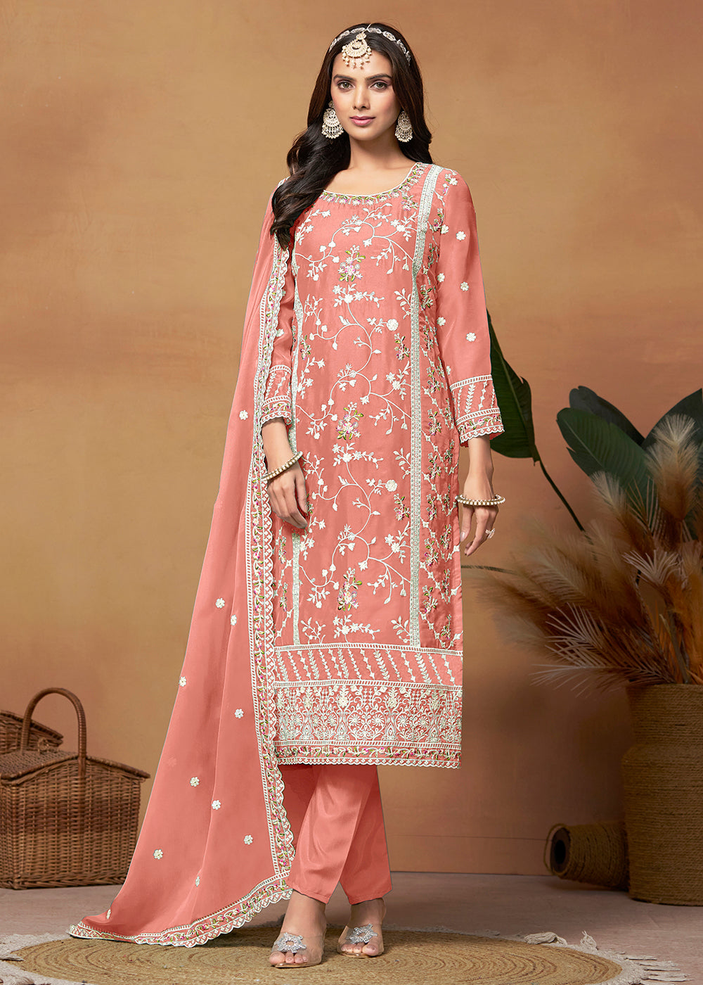 Buy Now Pakistani Style Peach Embroidered Organza Salwar Suit Online in USA, UK, Canada, Germany, Australia & Worldwide at Empress Clothing.