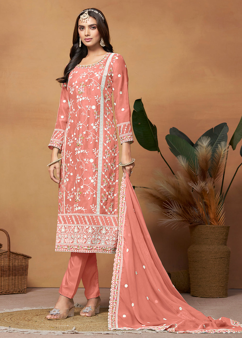 Buy Now Pakistani Style Peach Embroidered Organza Salwar Suit Online in USA, UK, Canada, Germany, Australia & Worldwide at Empress Clothing.