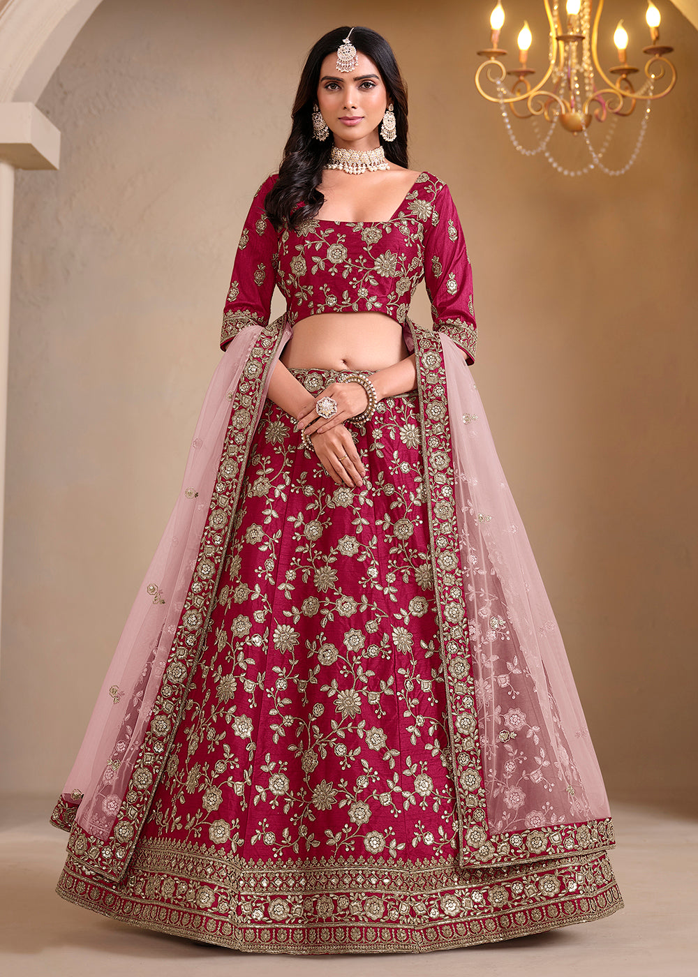 Buy Now Pink Bridesmaids Style Art Silk Wedding Lehenga Choli Online in USA, UK, Canada, France & Worldwide at Empress Clothing.