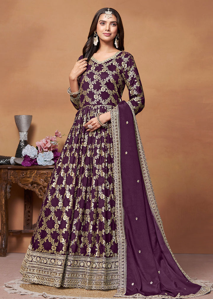Buy Now Dola Jacquard Purple Embroidered Festive Anarkali Suit Online in USA, UK, Australia, New Zealand, Canada & Worldwide at Empress Clothing.