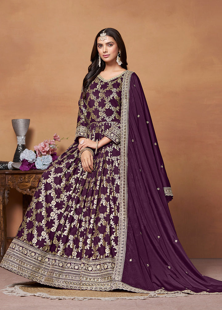 Buy Now Dola Jacquard Purple Embroidered Festive Anarkali Suit Online in USA, UK, Australia, New Zealand, Canada & Worldwide at Empress Clothing.