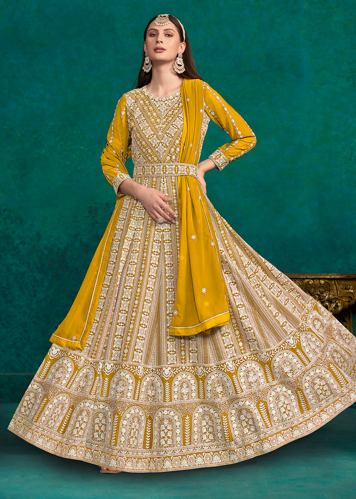 Buy Now Mustard Lucknowi Embroidered Wedding Anarkali Suit Online in USA, UK, Australia, New Zealand, Canada & Worldwide at Empress Clothing.