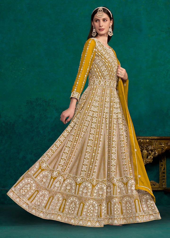 Buy Now Mustard Lucknowi Embroidered Wedding Anarkali Suit Online in USA, UK, Australia, New Zealand, Canada & Worldwide at Empress Clothing.