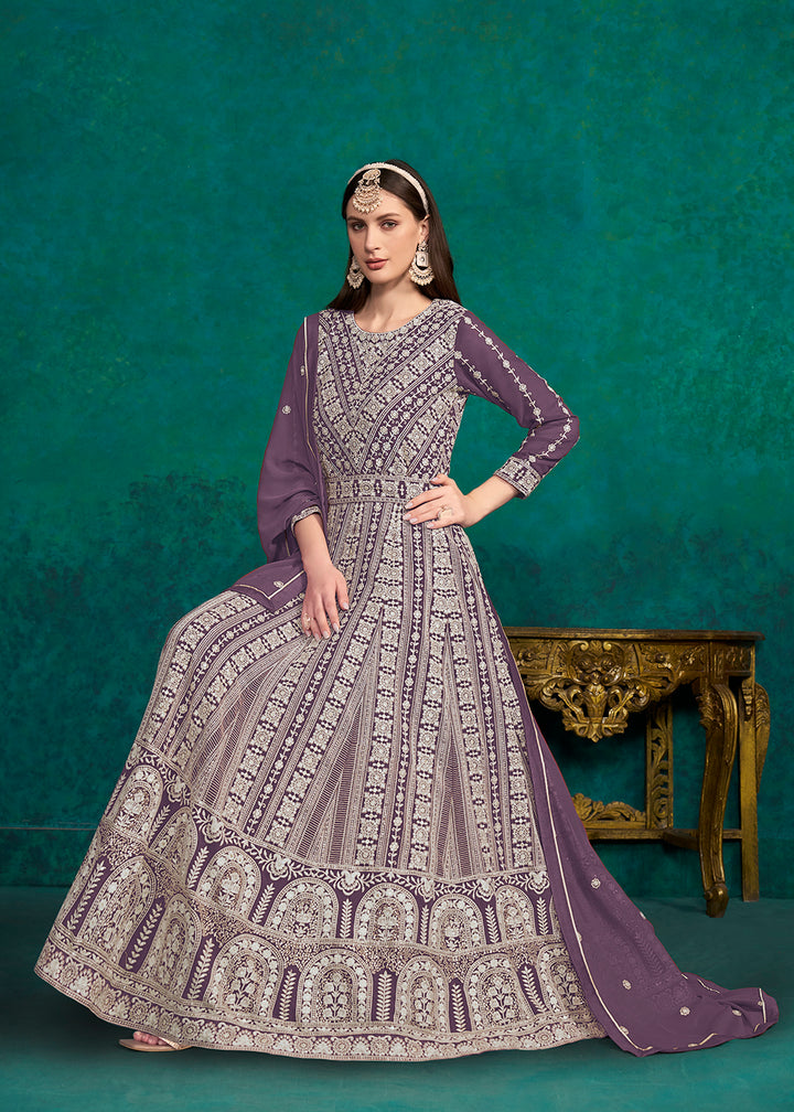 Buy Now Purple Lucknowi Embroidered Wedding Anarkali Suit Online in USA, UK, Australia, New Zealand, Canada & Worldwide at Empress Clothing. 
