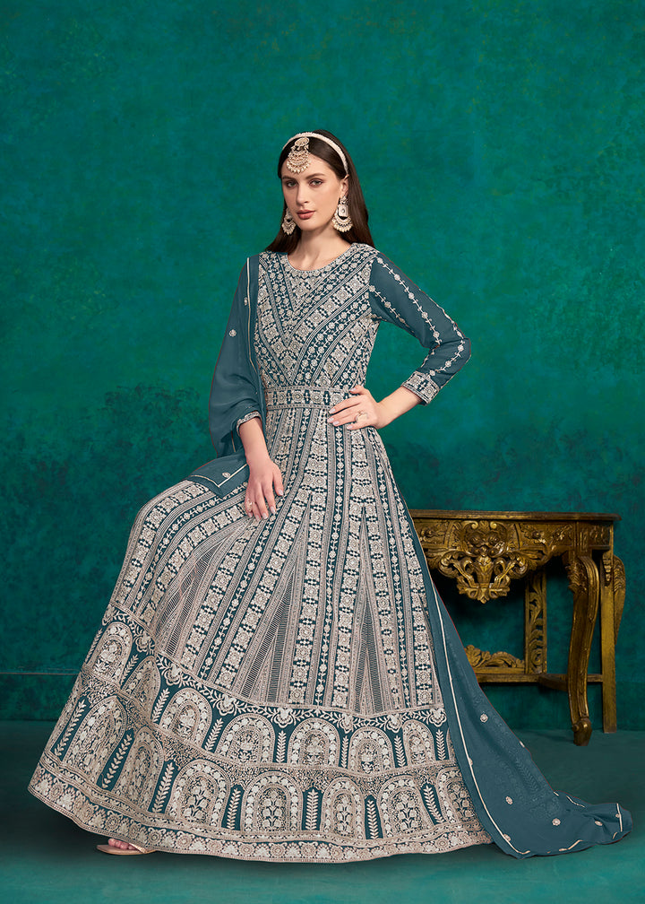Buy Now Teal Blue Lucknowi Embroidered Wedding Anarkali Suit Online in USA, UK, Australia, New Zealand, Canada & Worldwide at Empress Clothing. 