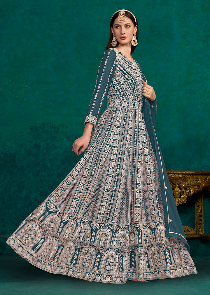 Buy Now Teal Blue Lucknowi Embroidered Wedding Anarkali Suit Online in USA, UK, Australia, New Zealand, Canada & Worldwide at Empress Clothing. 
