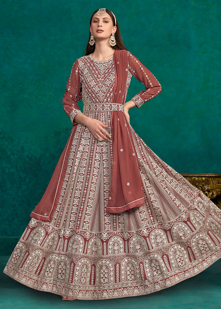 Buy Now Rust Lucknowi Embroidered Wedding Anarkali Suit Online in USA, UK, Australia, New Zealand, Canada & Worldwide at Empress Clothing.